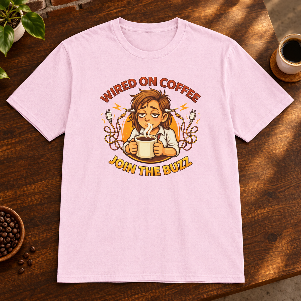Wired on Coffee T-Shirt Light Pink close-fill short-sleeve coffee-bar flat lay