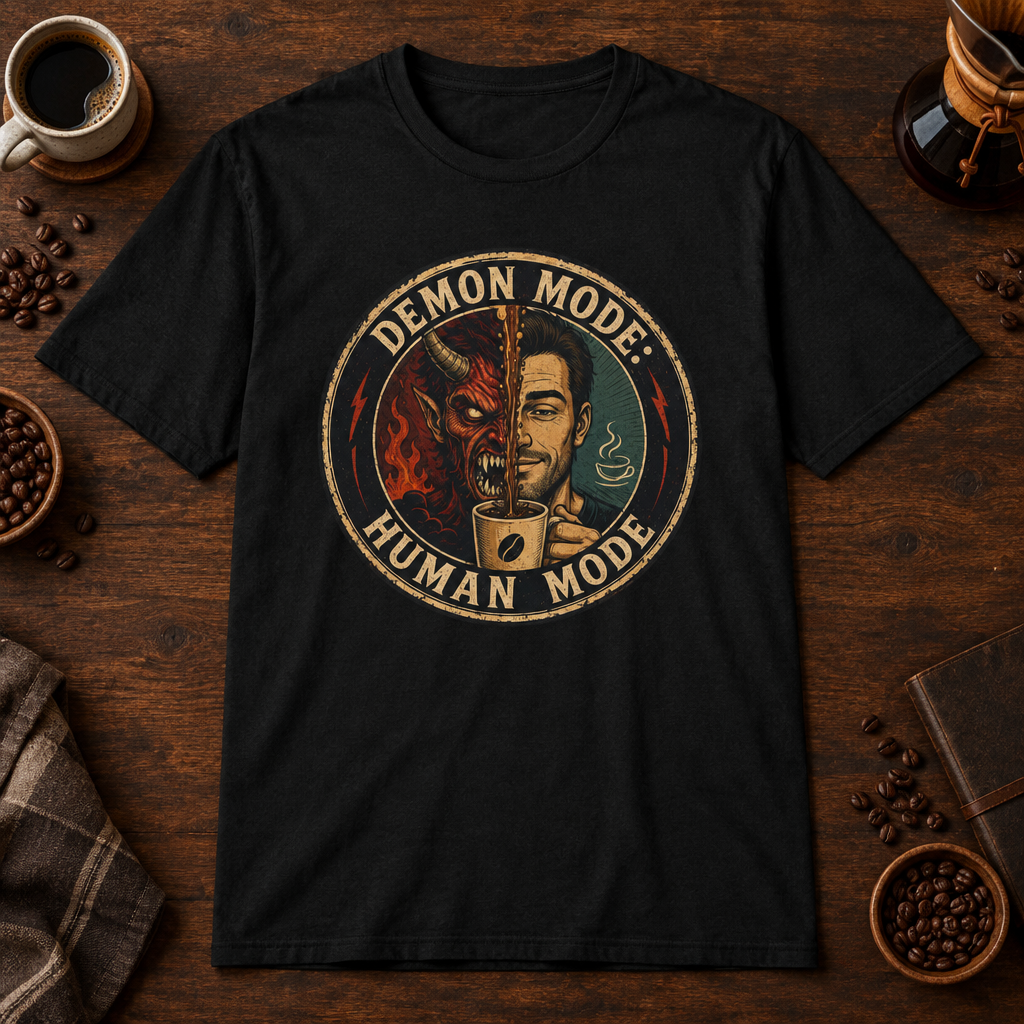 Demon Mode T-Shirt Black coffee-bar flat lay