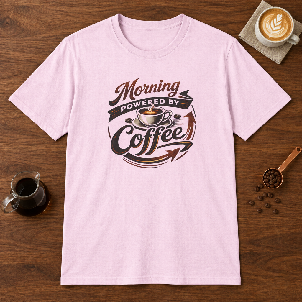 Morning Powered by Coffee T-Shirt Light Pink coffee bar mockup