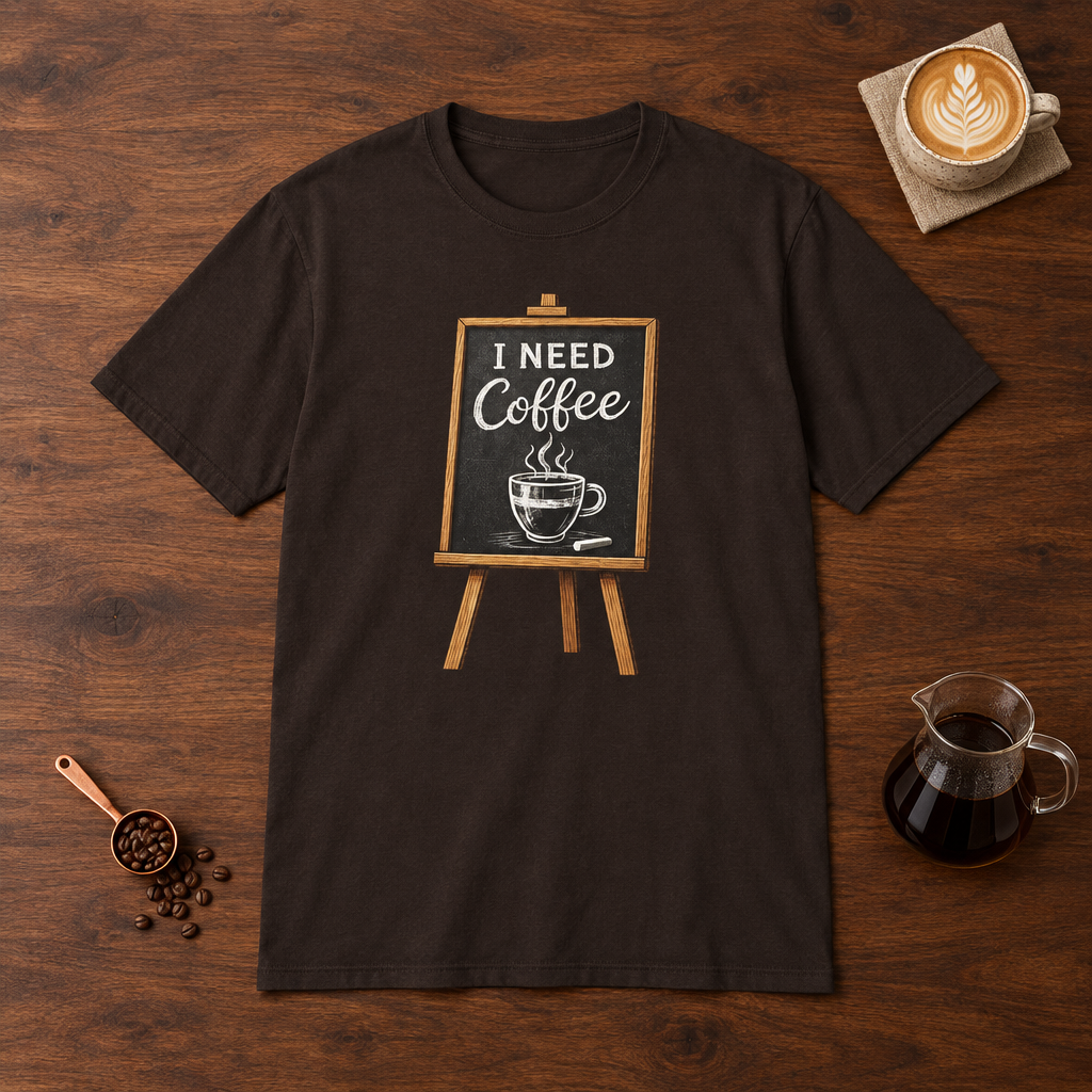 I Need Coffee T-Shirt Dark Chocolate flat lay on walnut coffee bar