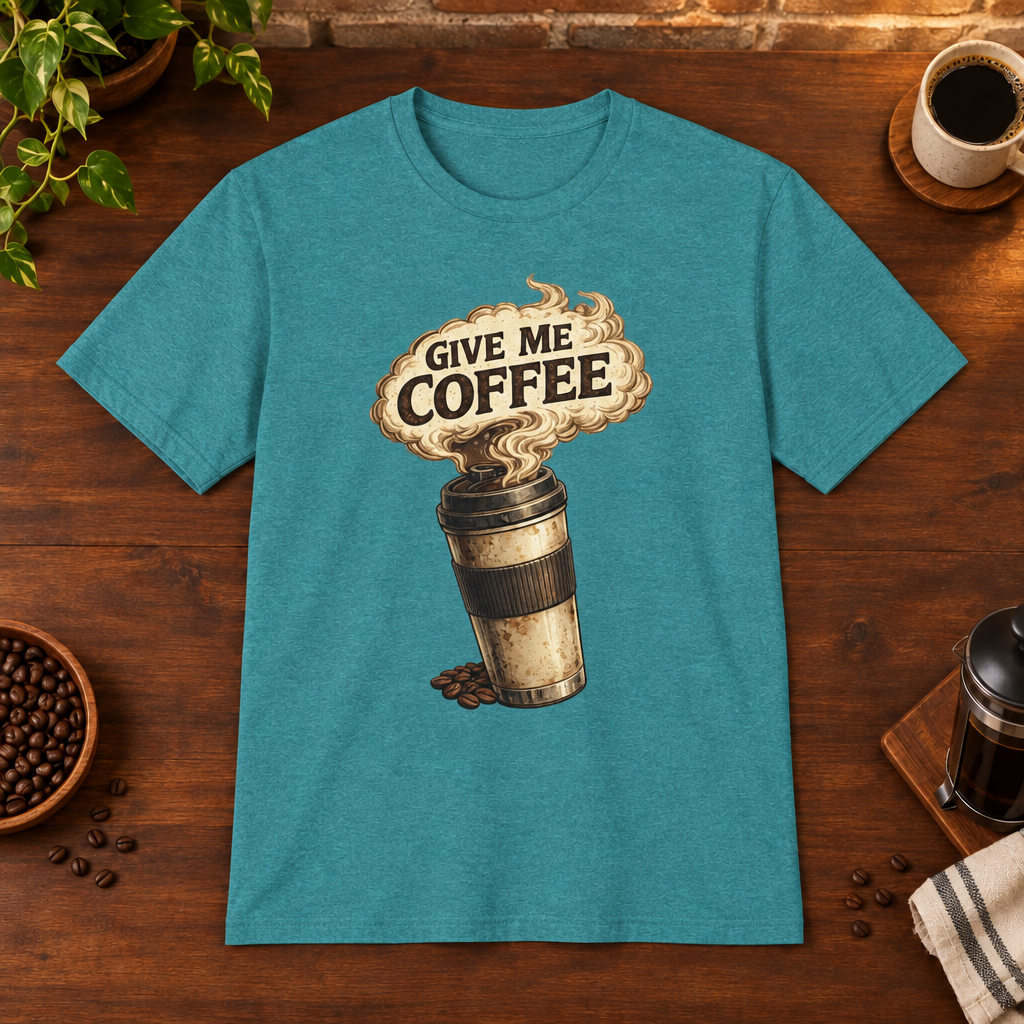 Give Me Coffee T-Shirt Heather Galapagos Blue coffee-bar flat lay, consistent framing