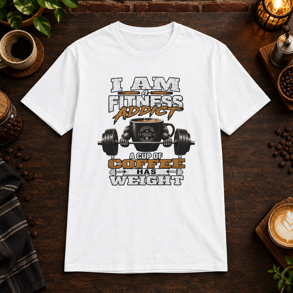 I Am a Fitness Addict T-Shirt in White, coffee bar flat lay mockup