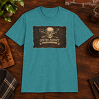 Proud Coffee Addict T-Shirt Heather Galapagos Blue close-fill short-sleeve coffee-bar flat lay