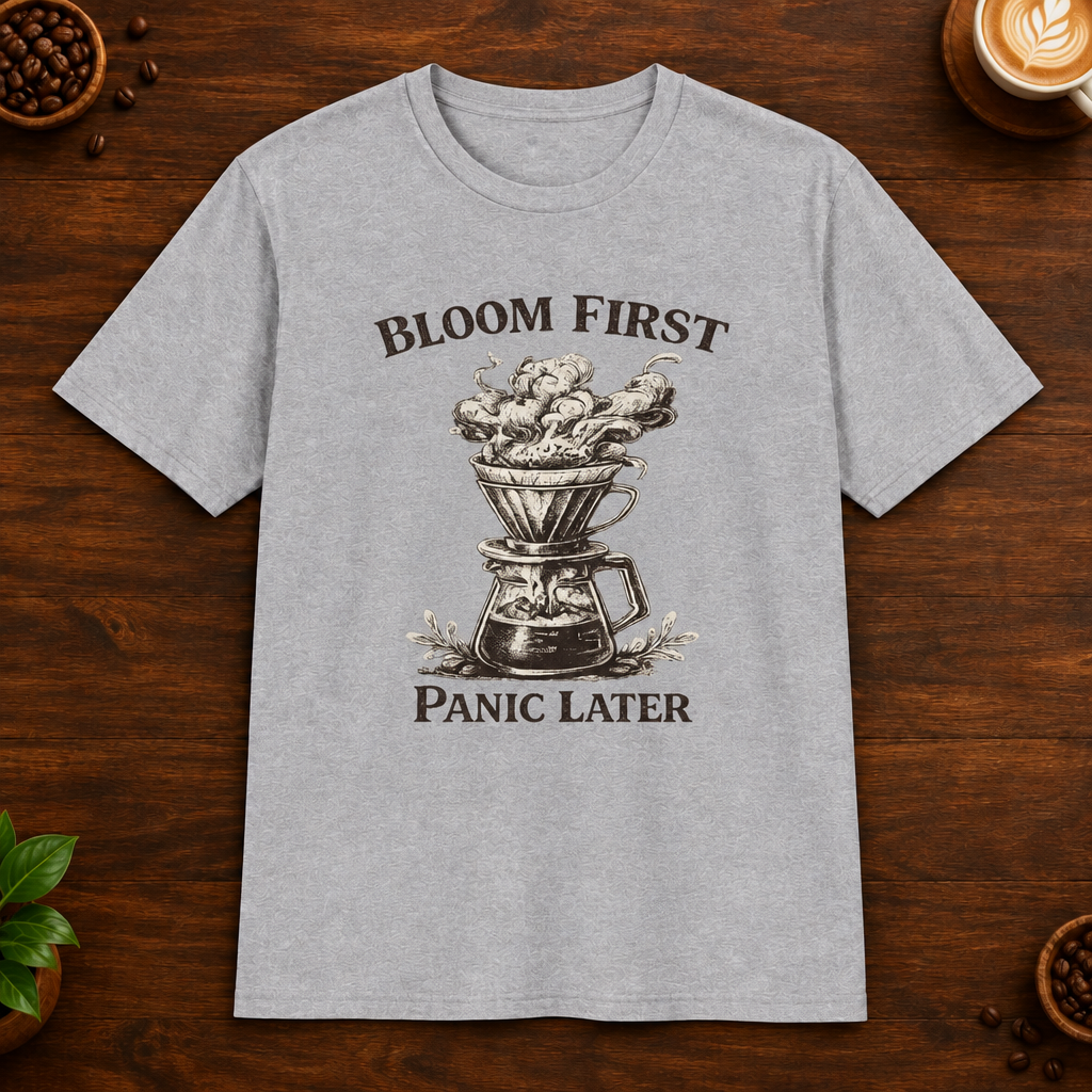 Bloom First T-Shirt in Sport Grey on a wooden coffee-themed background
