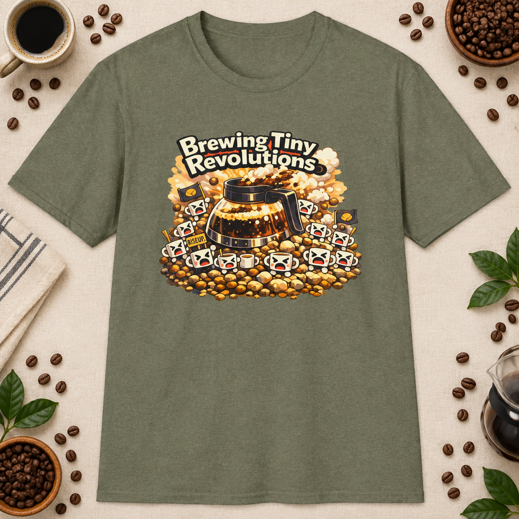Brewing Tiny Revolutions T-Shirt in Heather Military Green, zoomed lifestyle mockup