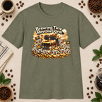Brewing Tiny Revolutions T-Shirt in Heather Military Green, zoomed lifestyle mockup