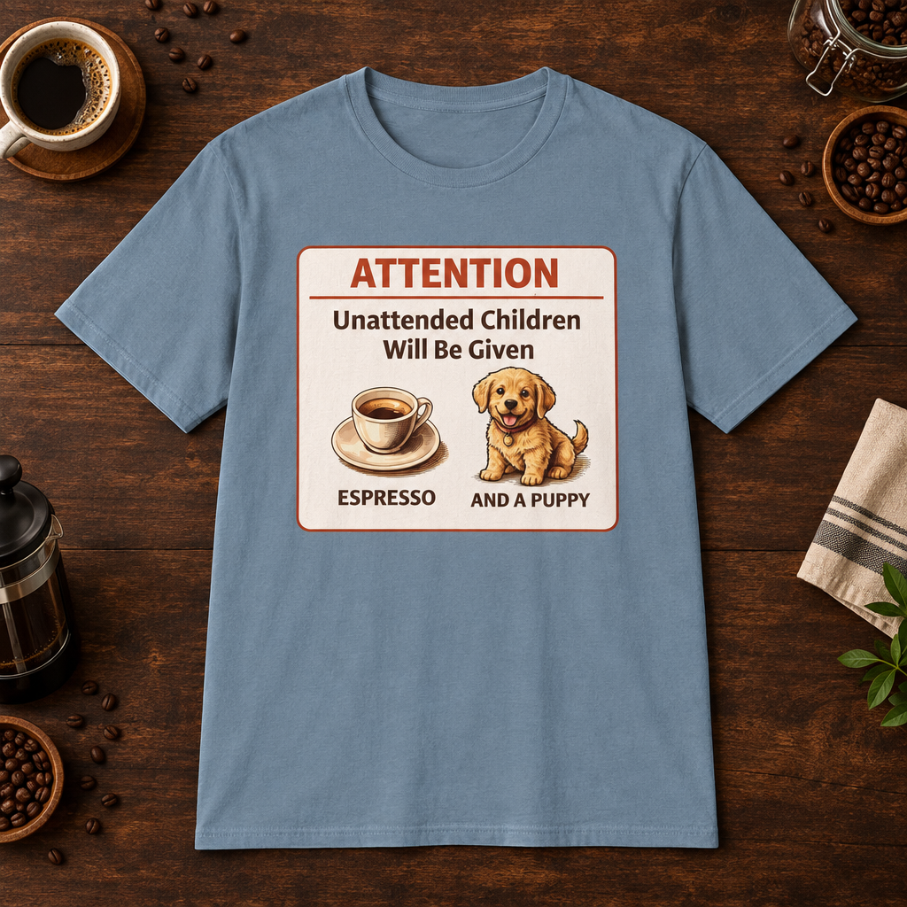 Espresso and Puppies T-Shirt Stone Blue short-sleeve coffee-bar flat lay