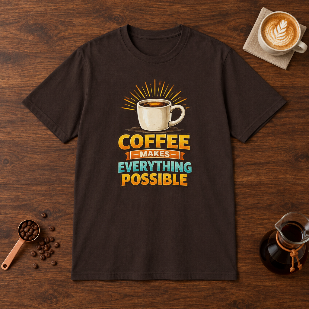 Coffee Makes Everything Possible T-Shirt Dark Chocolate flat lay on walnut coffee bar