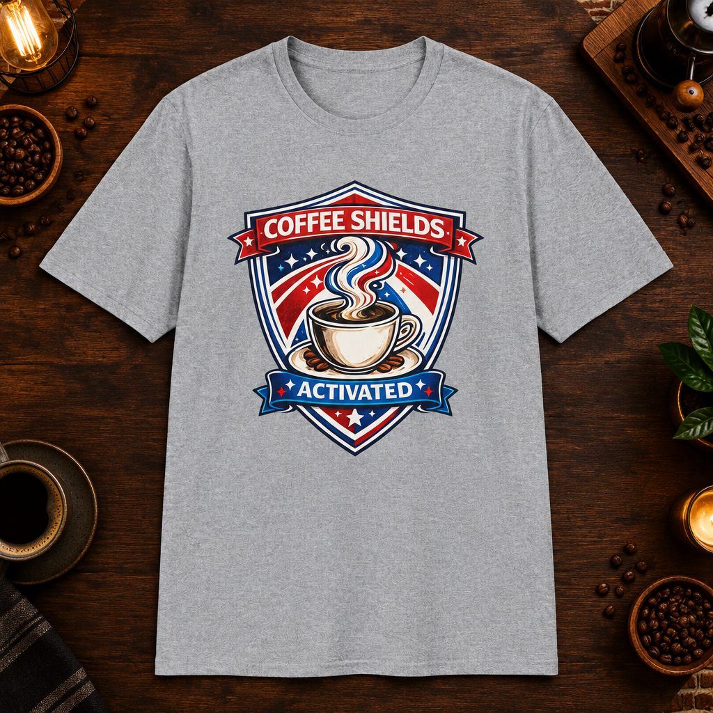 Coffee Shields Activated T-Shirt in Heather Galapagos Blue, zoomed lifestyle mockup