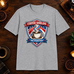 Coffee Shields Activated T-Shirt in Heather Galapagos Blue, zoomed lifestyle mockup