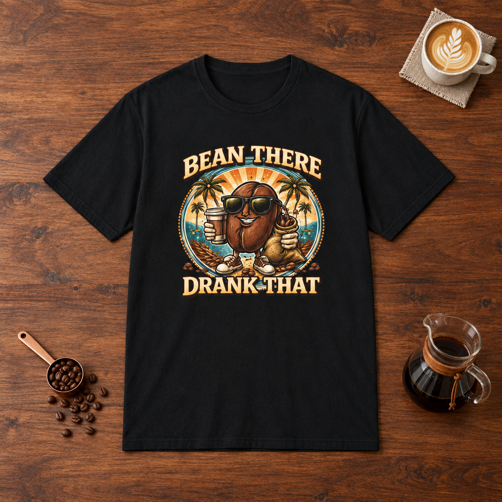 Bean There Drank That T-Shirt Black flat lay on walnut coffee bar