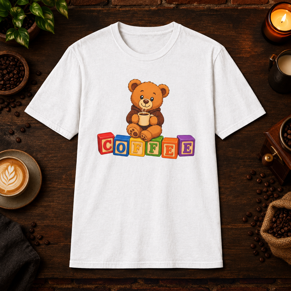 Teddy Bear T-Shirt in White, coffee bar flat lay mockup