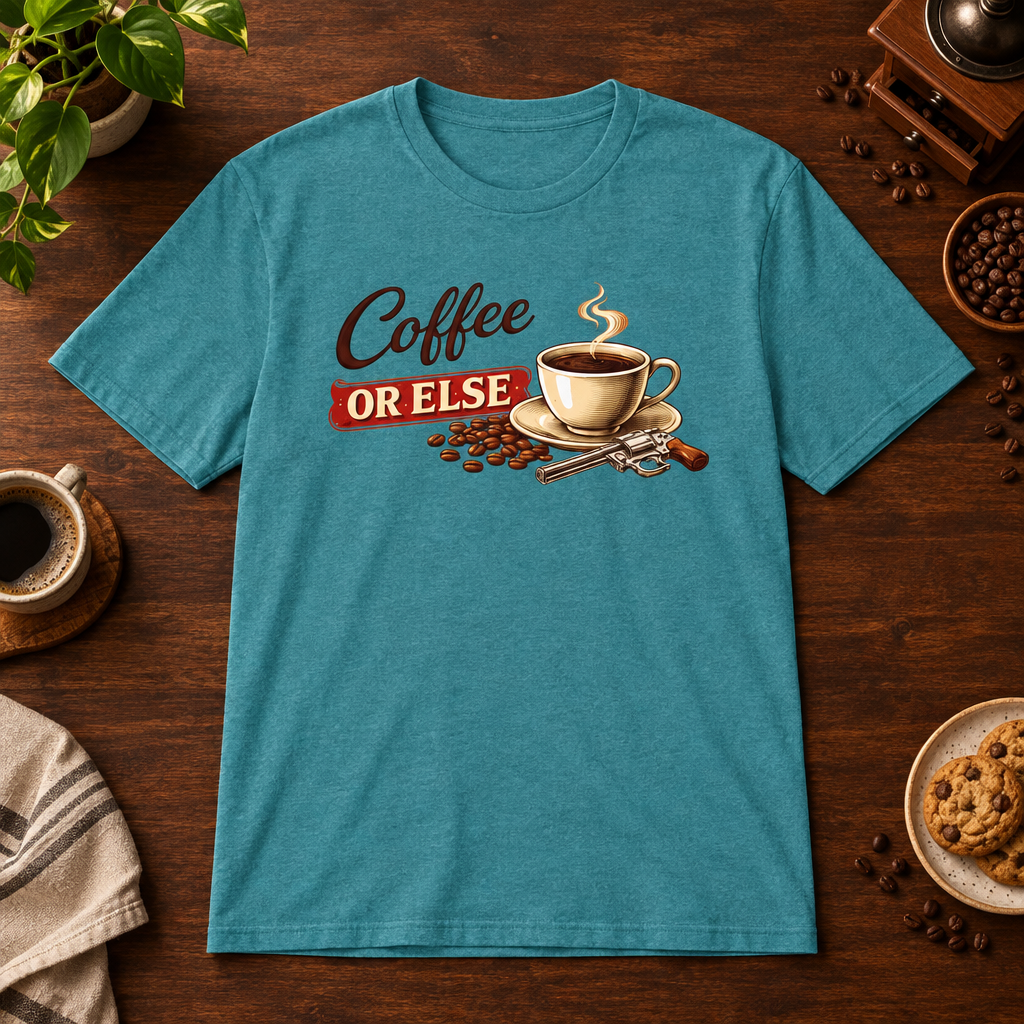 Coffee or Else T-Shirt Heather Galapagos Blue short-sleeve coffee-bar flat lay