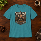 Coffee Snob Female T-Shirt Heather Galapagos Blue short-sleeve coffee-bar flat lay