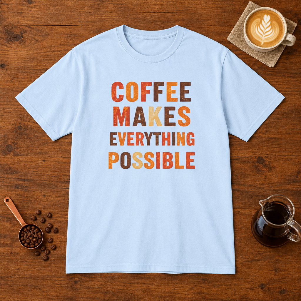 Coffee Makes Everything Possible text print T-Shirt Light Blue flat lay on walnut coffee bar