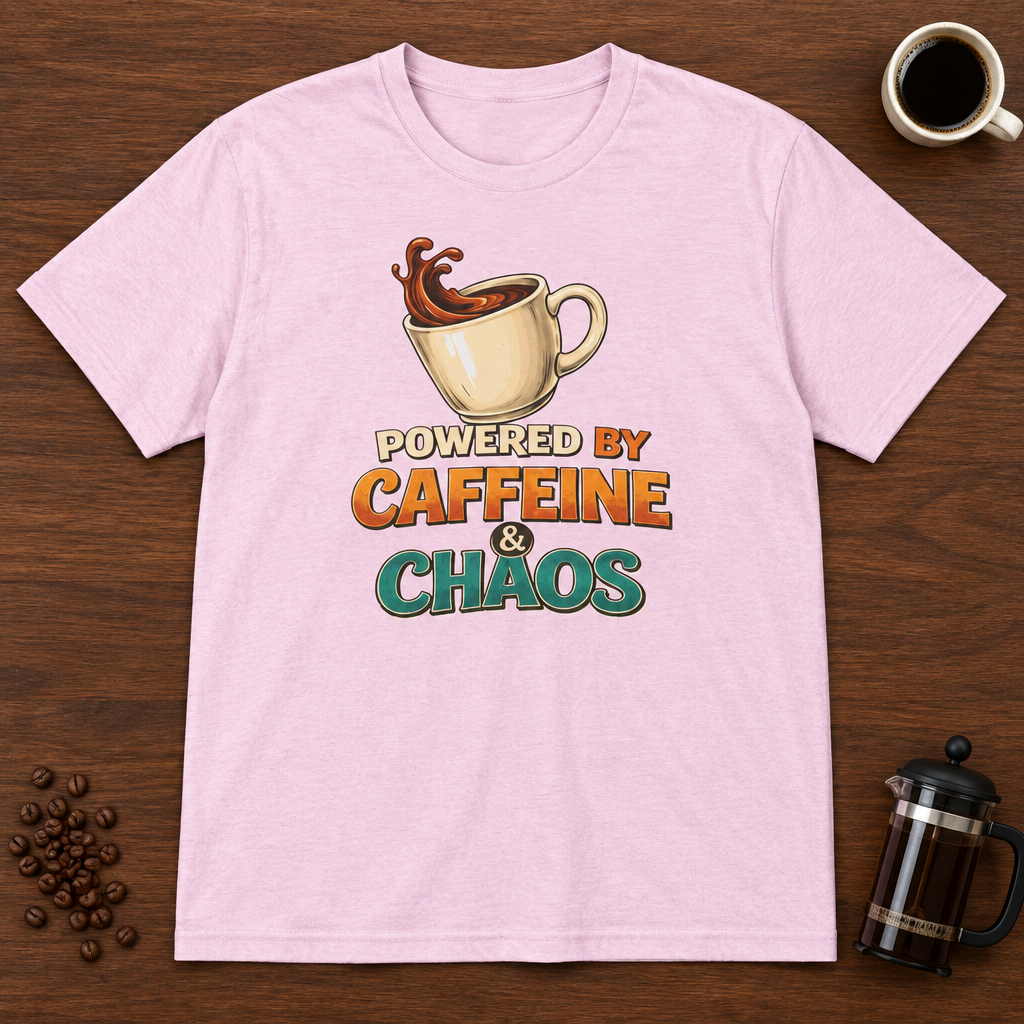 Powered by Caffeine and Chaos T-Shirt Light Pink coffee-bar flat lay