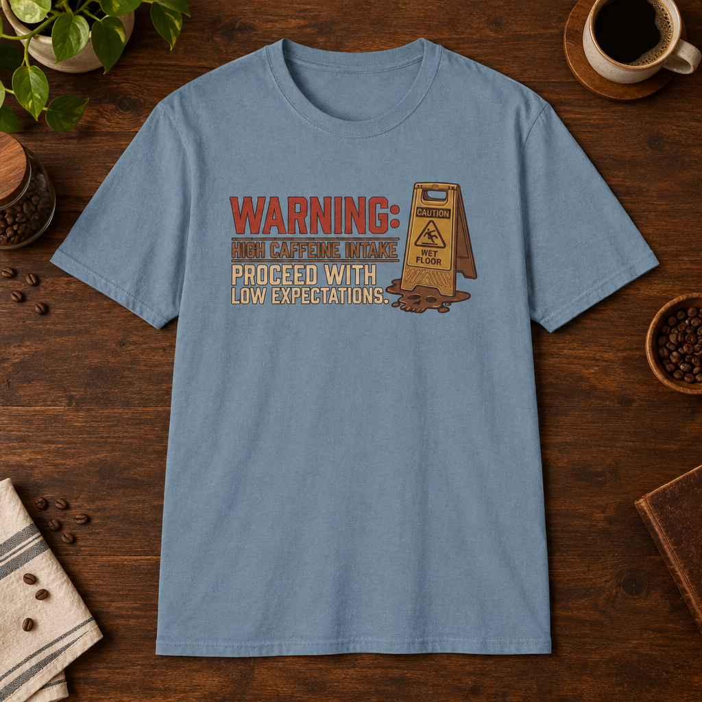 Warning T-Shirt Stone Blue short-sleeve coffee-bar flat lay
