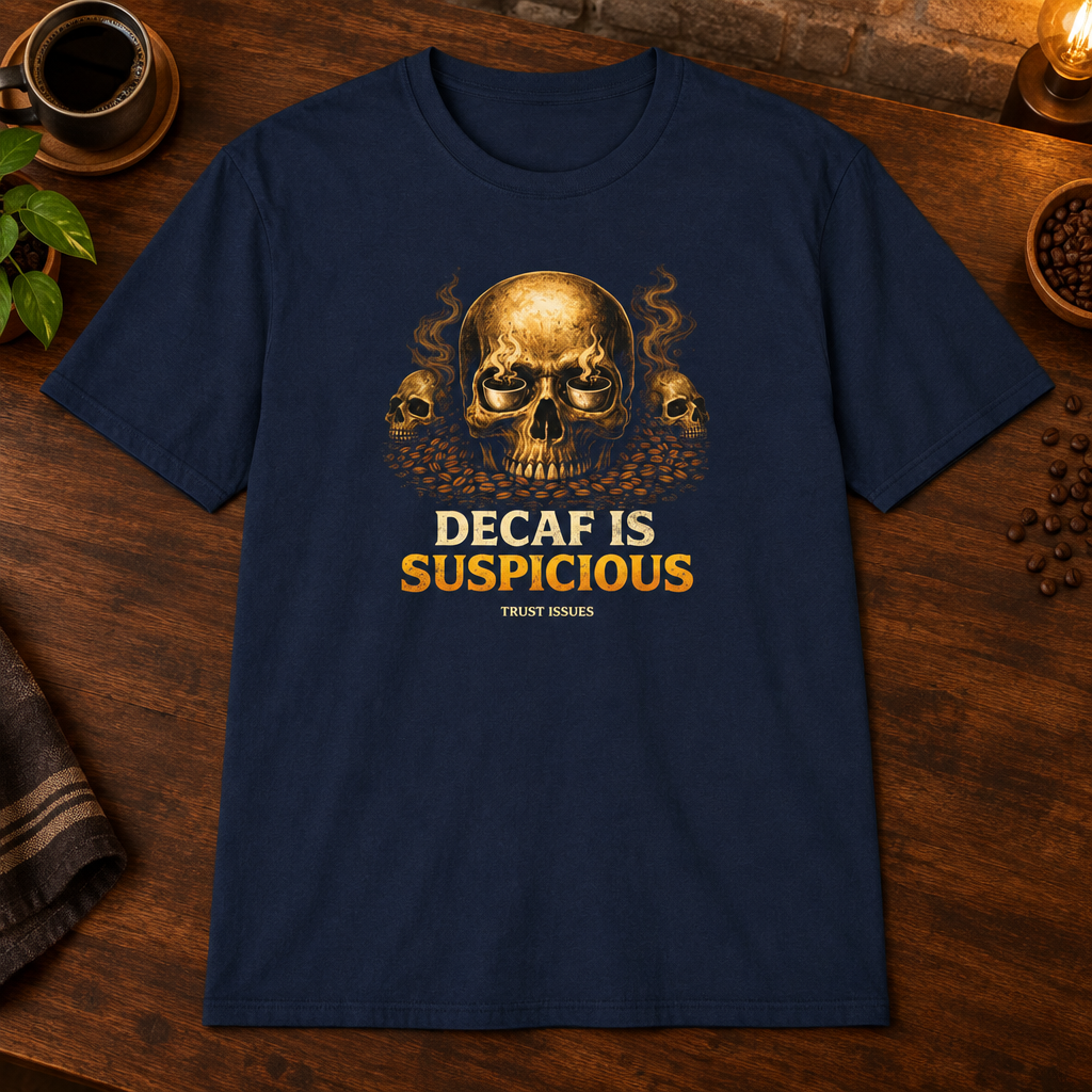 Decaf is Suspicious T-Shirt Navy close-fill short-sleeve warm coffee-bar flat lay