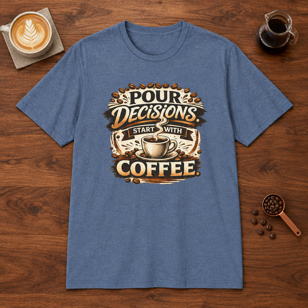 Pour Decisions Start with Coffee T-Shirt Heather Indigo coffee bar mockup