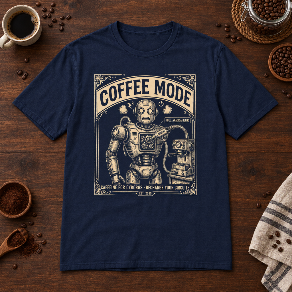 Coffee Mode T-Shirt Navy coffee-bar flat lay