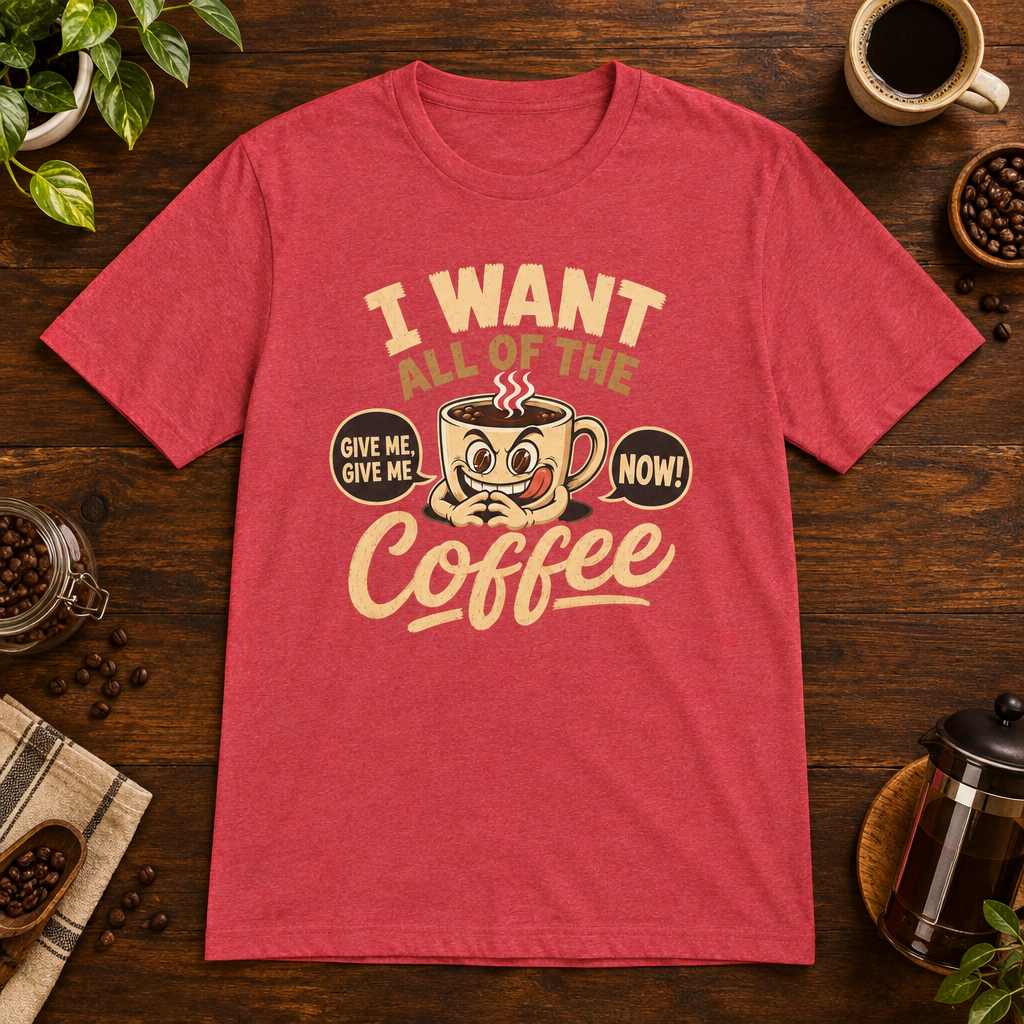 I Want All of the Coffee T-Shirt Heather Red on warm coffee bar