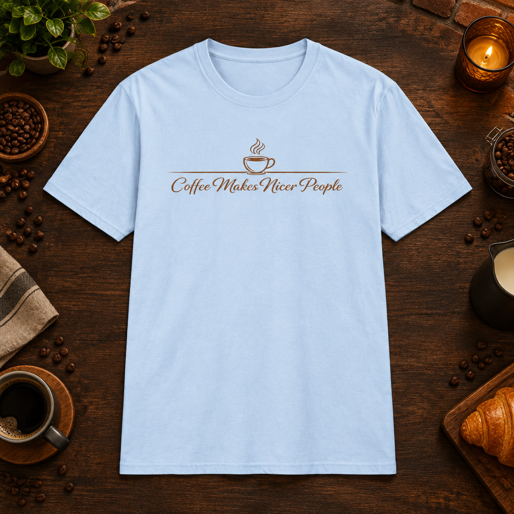 Nicer People T-Shirt in Light Blue, coffee bar flat lay mockup