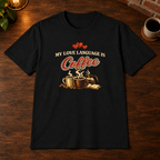 Love Language T-Shirt Black close-fill short-sleeve coffee-bar flat lay