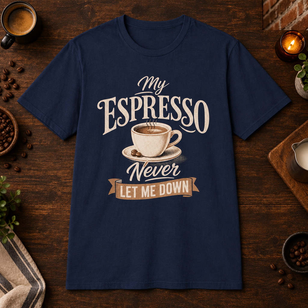 My Espresso Never Let Me Down T-Shirt in Navy, overhead coffee-bar flat-lay mockup