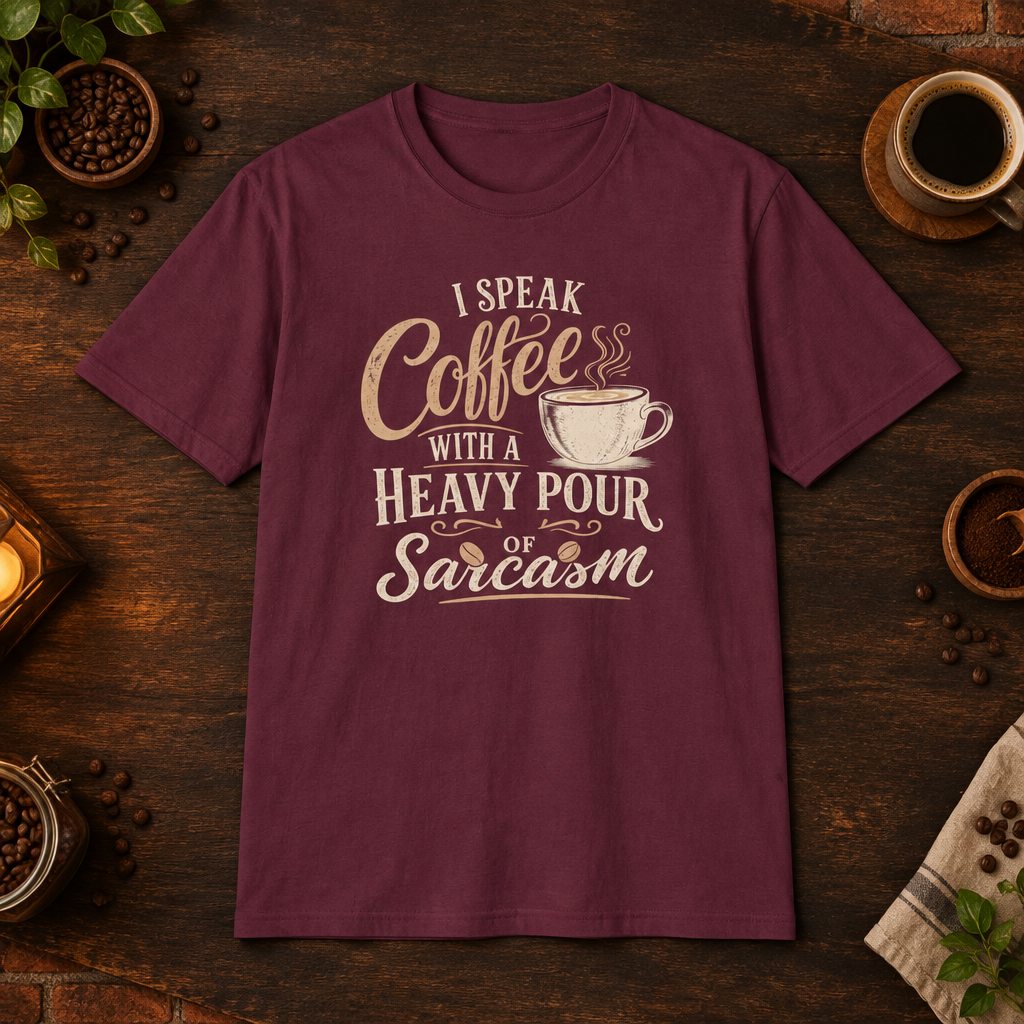 I Speak Coffee T-Shirt in Maroon, coffee bar flat lay mockup