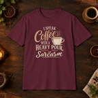 I Speak Coffee T-Shirt in Maroon, coffee bar flat lay mockup