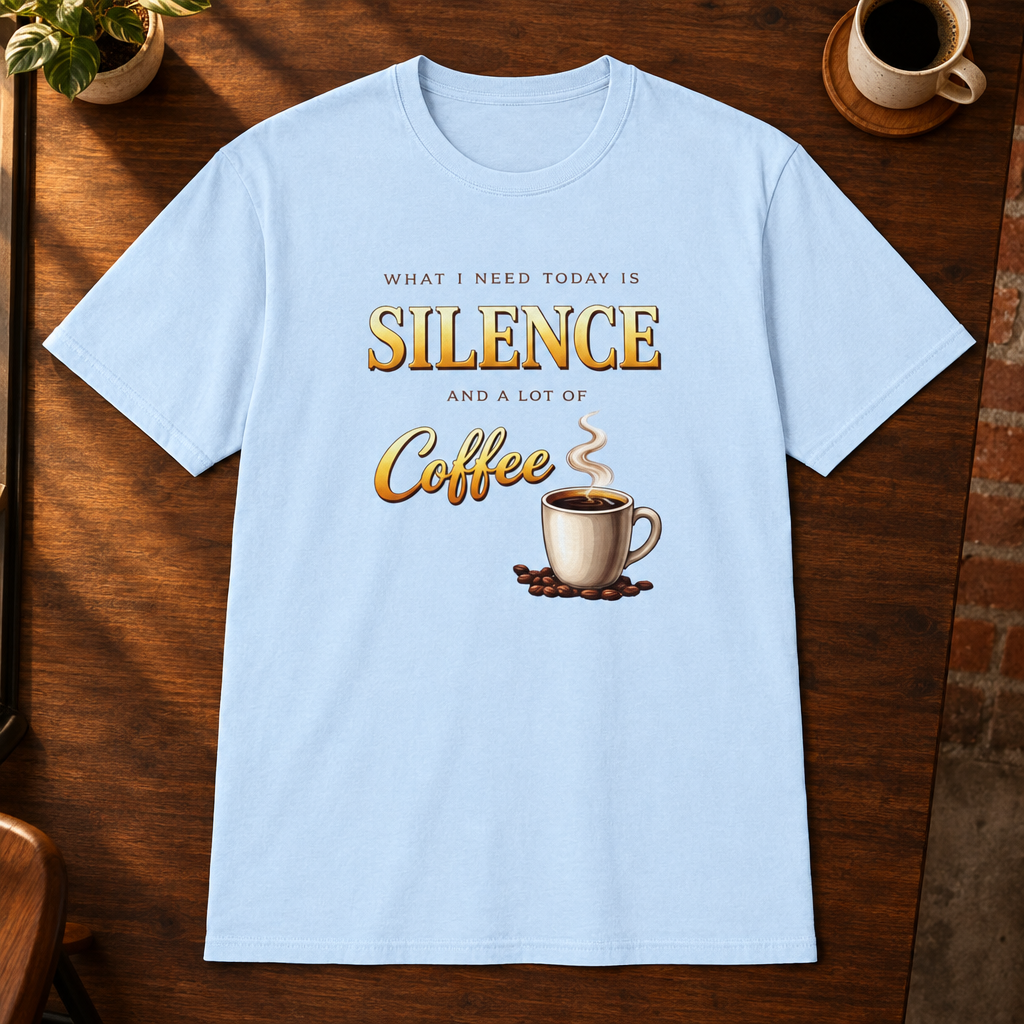 What I Need is Silence T-Shirt Light Blue close-fill short-sleeve coffee-bar flat lay