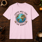 Coffee Will Save The World T-Shirt in Light Pink, overhead coffee-bar flat-lay mockup