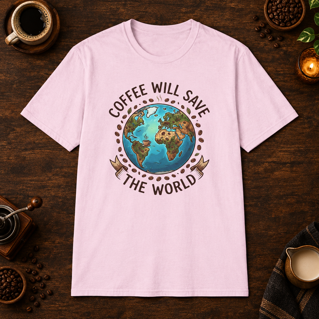 Coffee Will Save The World T-Shirt in Light Pink, overhead coffee-bar flat-lay mockup