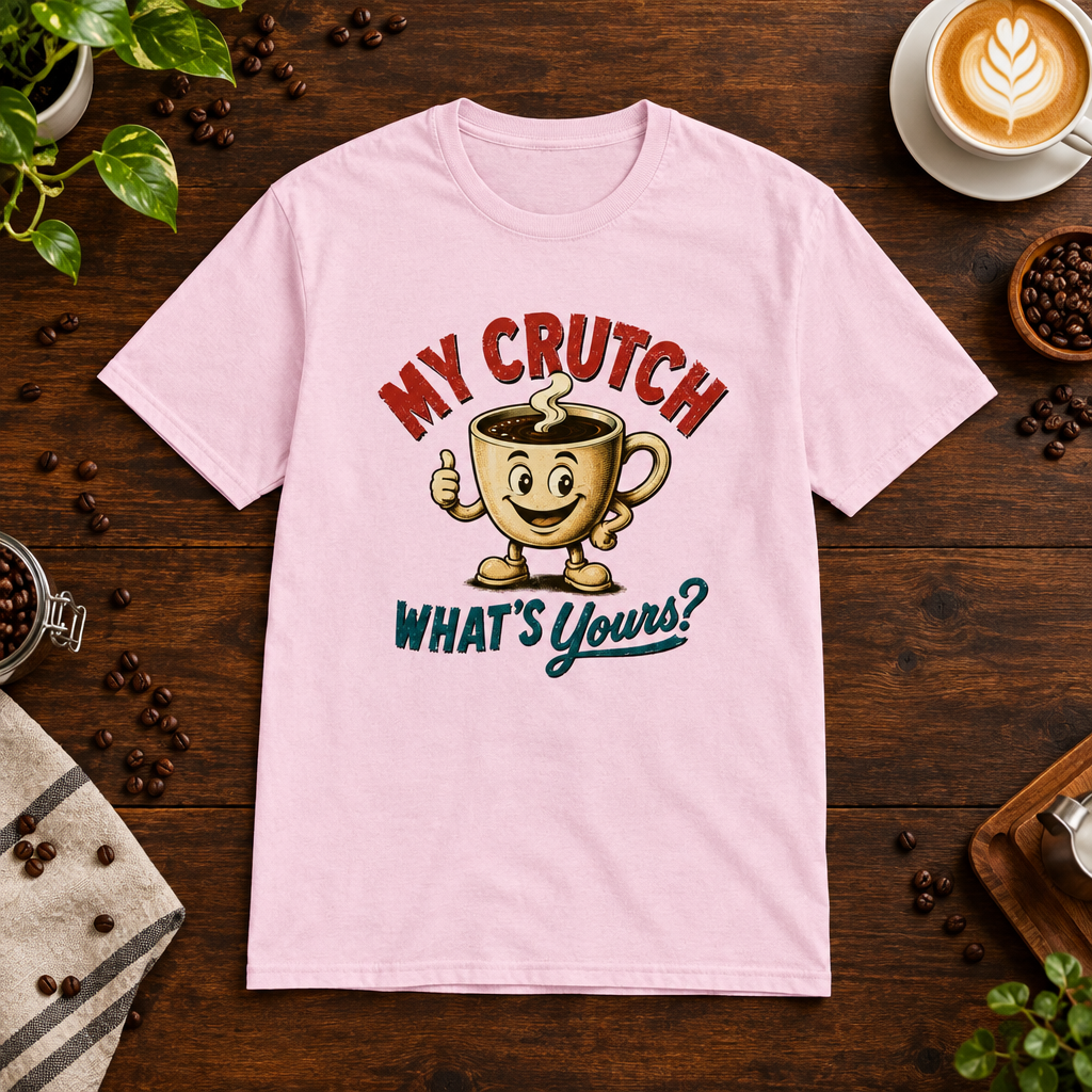 My Crutch T-Shirt Light Pink on warm coffee bar