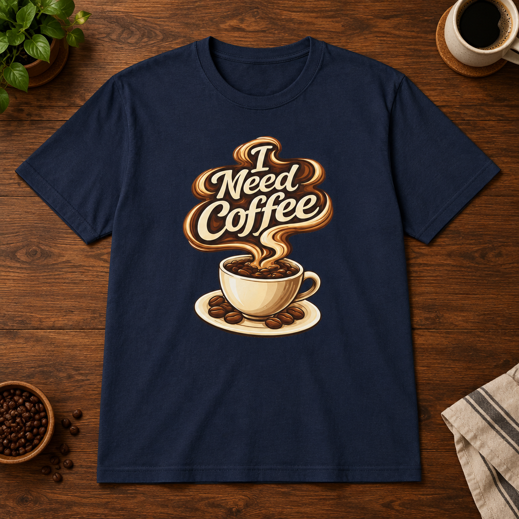 I Need Coffee T-Shirt Navy short-sleeve coffee-bar flat lay