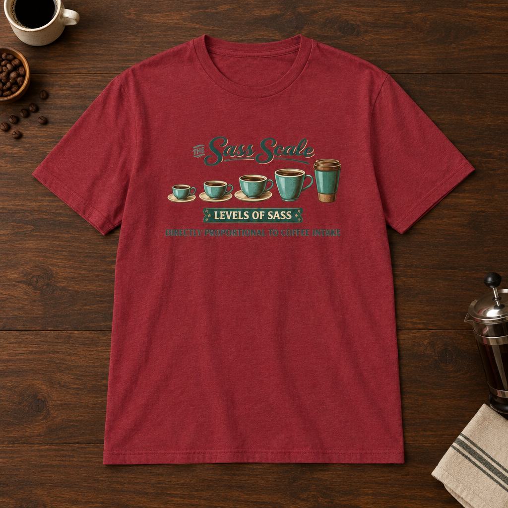 Sass Scale T-Shirt Antique Cherry Red short-sleeve coffee-bar flat lay