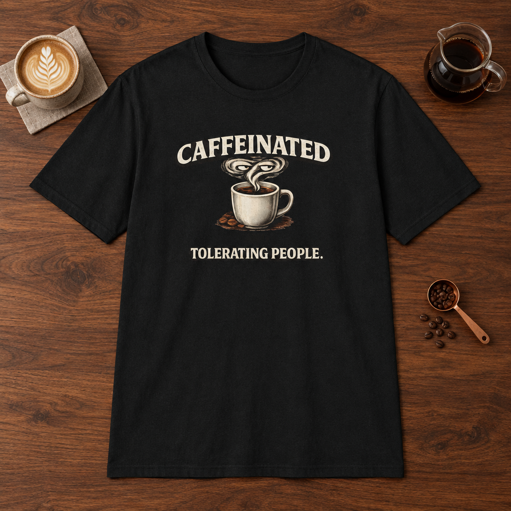 Caffeinated Tolerating People T-Shirt Black coffee bar mockup