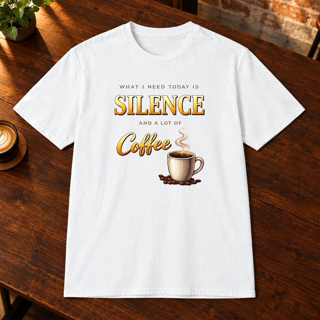 What I Need is Silence T-Shirt White close-fill short-sleeve coffee-bar flat lay