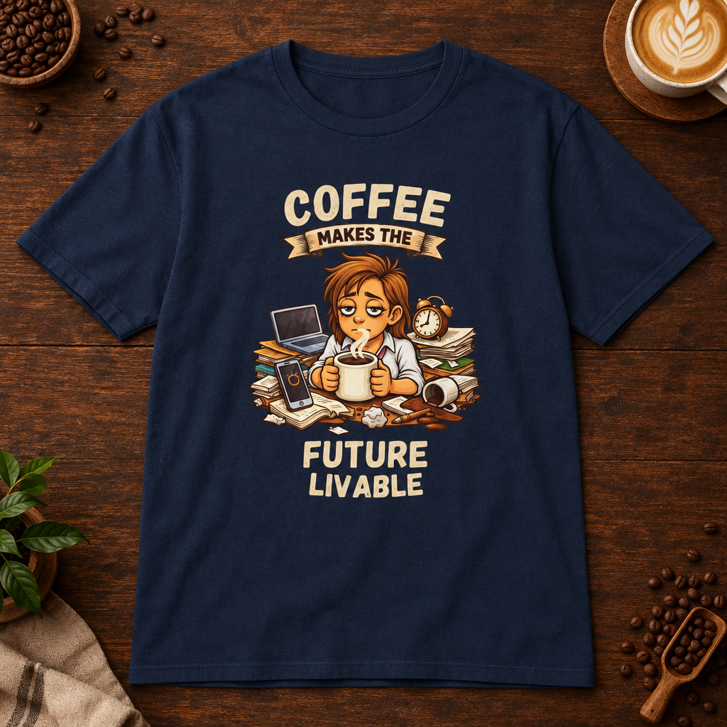 Coffee Makes the Woman T-Shirt in Navy on a dark wood coffee bar