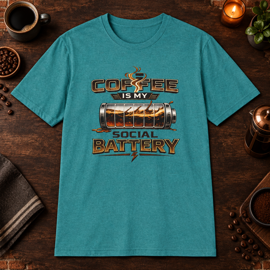 Coffee is My Social Battery T-Shirt in Heather Galapagos Blue, zoomed lifestyle mockup