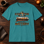 Coffee is My Social Battery T-Shirt in Heather Galapagos Blue, zoomed lifestyle mockup