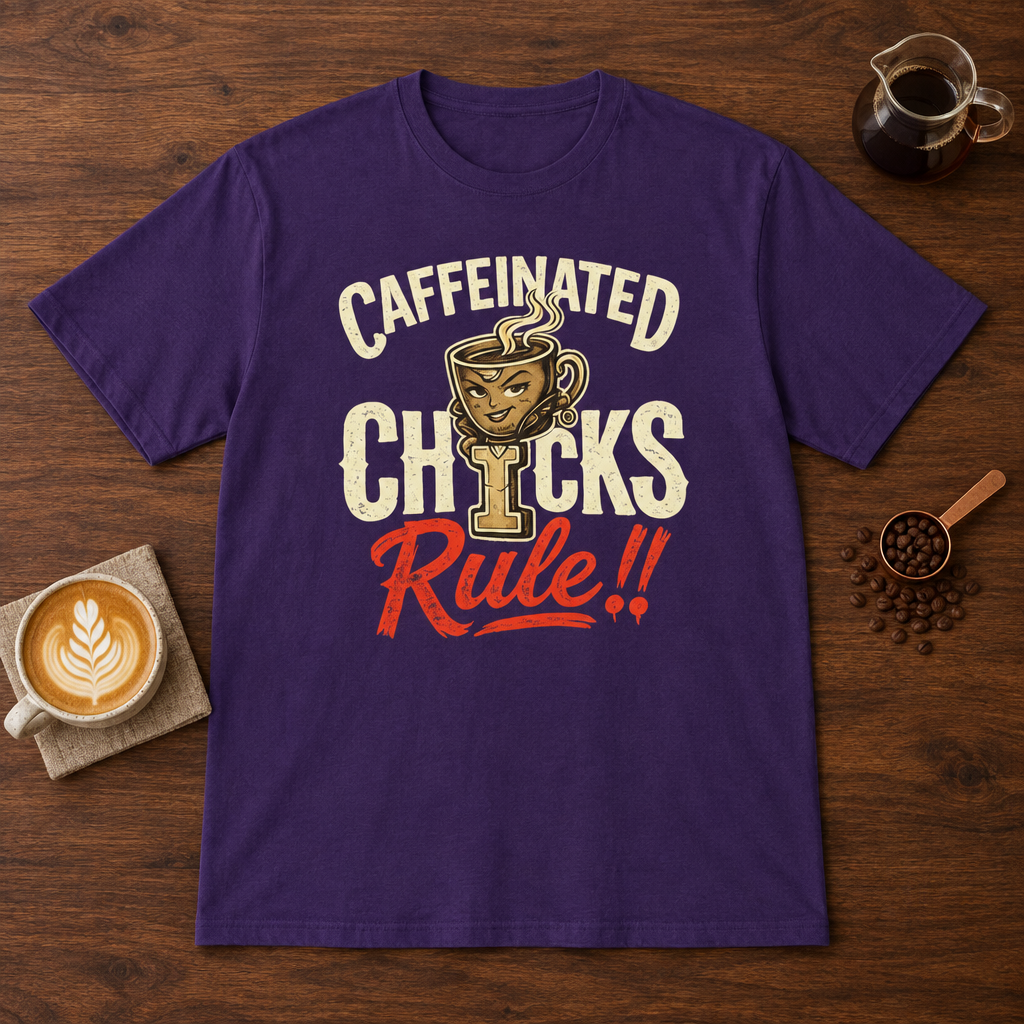 Caffeinated Chicks T-Shirt Purple coffee bar mockup