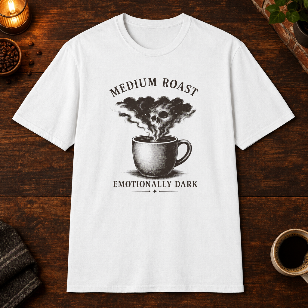 Medium Roast T-Shirt overhead coffee-bar flat-lay mockup