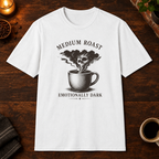 Medium Roast T-Shirt overhead coffee-bar flat-lay mockup