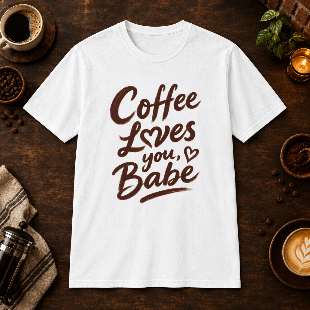 Coffee Loves You, Babe T-Shirt in White, coffee bar flat lay mockup