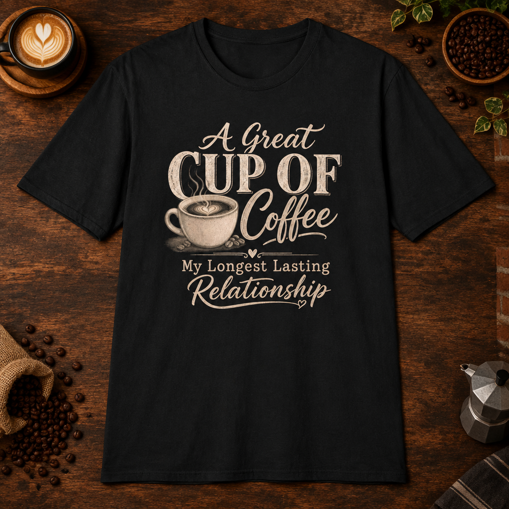 A Great Cup of Coffee T-Shirt Black flat-lay mockup