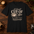 A Great Cup of Coffee T-Shirt Black flat-lay mockup