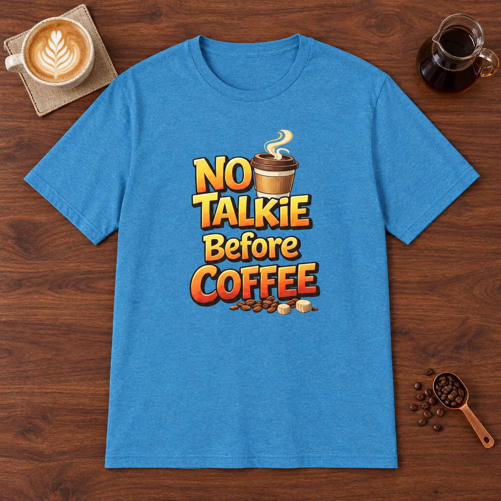 No Talkie Before Coffee 2 T-Shirt Heather Sapphire coffee bar mockup