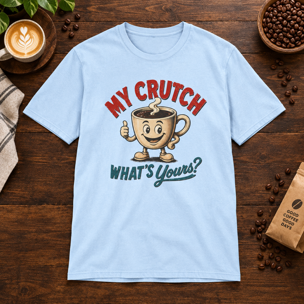 My Crutch T-Shirt Light Blue on warm coffee bar