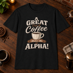 A Great Cup of Coffee T-Shirt in Black, overhead coffee-bar flat-lay mockup